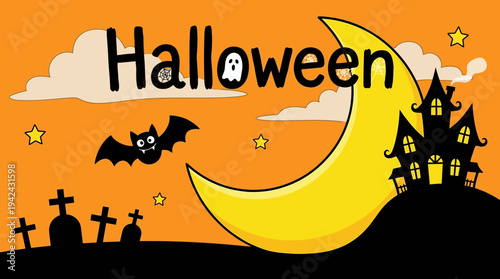 Spooky Halloween Illustration with Haunted House Silhouette, Crescent Moon, Bat, and Graveyard on Orange Background