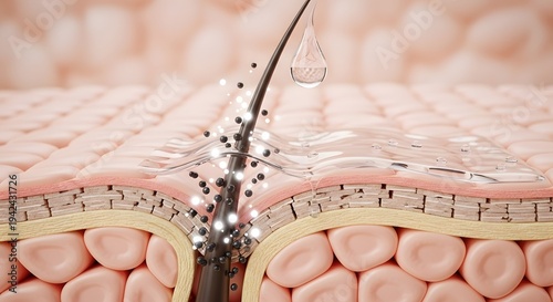Detailed microscopic anatomy of human skin follicle showing pore cleansing and serum absorption with removal of dirt particles