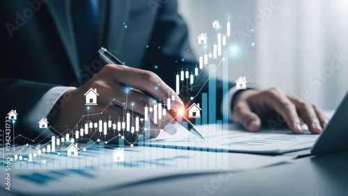 Businessman analyzing real estate market trends with financial charts