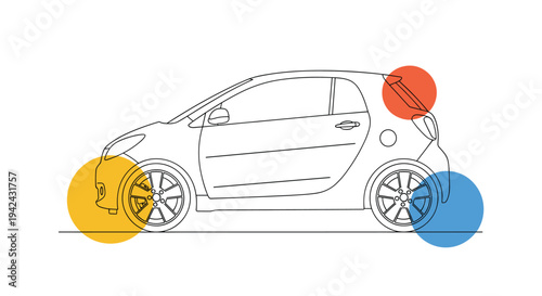 Detailed line drawing of a compact car with colorful highlight circles indicating specific areas for inspection or customization.