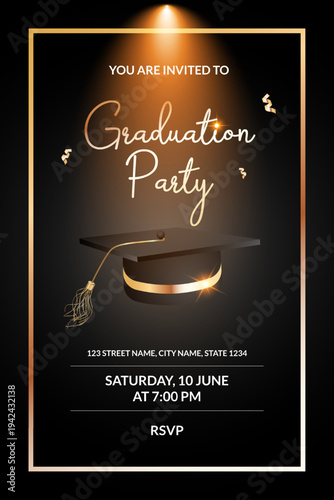 Graduation party poster template with golden frame and academic cap. Black luxury layout for university commencement ceremony, school celebration. Vector illustration