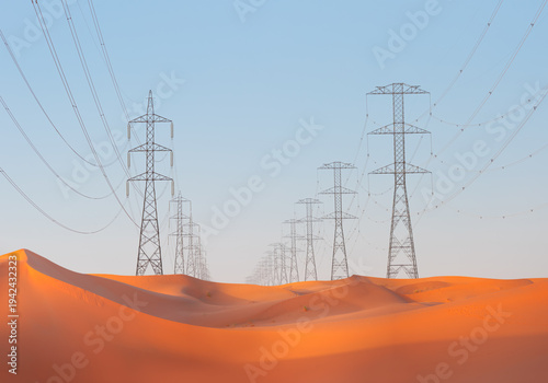 Power line transmission towers surround the Sahara in the desert in Egypt