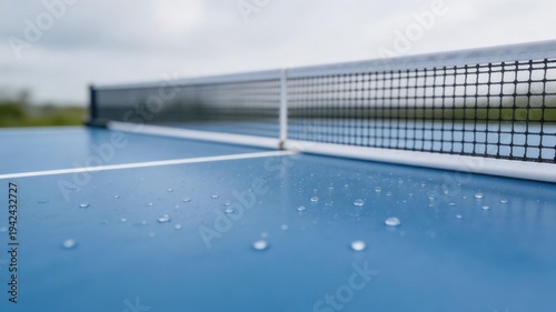 Ping Pong Game: A close-up view of a ping pong table, focusing on the net and surface of the blue table, speckled with water droplets, against a soft, out-of-focus background.