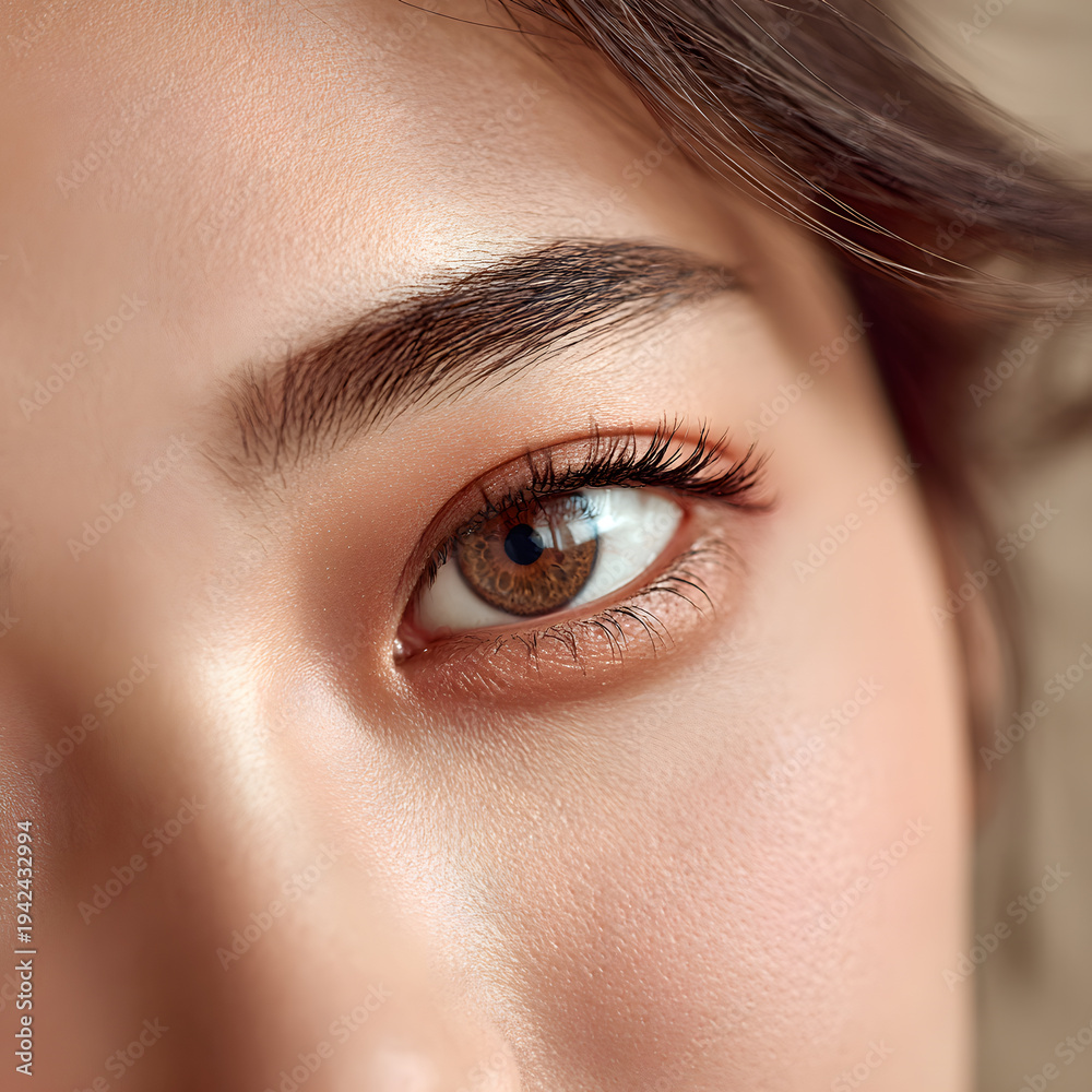 Naklejka premium a captivating close-up portrait of an eye, highlighting its intricate beauty and features. The eye showcases a stunning hazel iris, complemented by long lashes and perfectly shaped brows