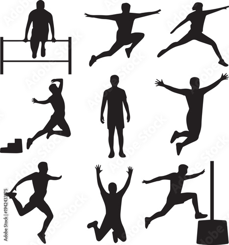 Silhouettes of athletes performing various track and field events in black and white sports running