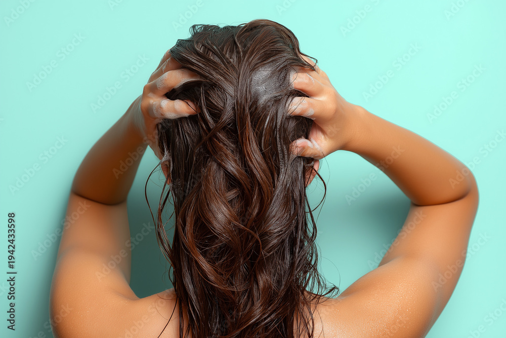 Naklejka premium Back view of a woman massaging wet brown hair with both hands against a mint background. Clean beauty composition highlights haircare, washing, hygiene, and self care in a studio setting.