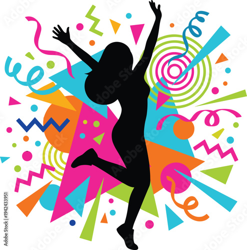 A silhouette of a joyful person dancing with vibrant confetti and colorful shapes surrounding them in a lively celebration