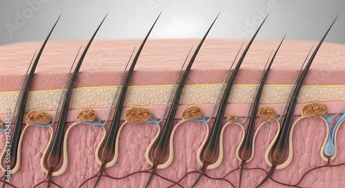 Microscopic cross section of human skin showing hair follicles and tissue structure