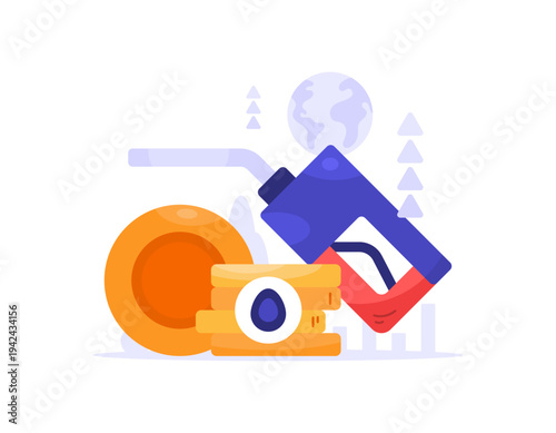 The concept of rising fuel prices. An increase or spike in the price of gasoline or diesel. Illustration of a fuel nozzle, a stack of coins, and an oil symbol. Metaphor, flat style illustration