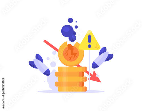 The concept of the destruction of the world economy due to war. Inflation, rising prices of all goods, economic crisis due to war. Illustration of a coin cracked and damaged by a missile. Metaphor