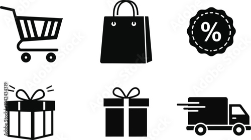 E commerce and shopping icons including cart bag discount gift and delivery truck