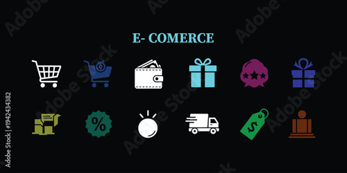 E commerce icons and symbols in neon colors on a black background