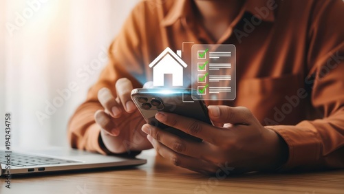 Person using smartphone for real estate check with house and list hologram