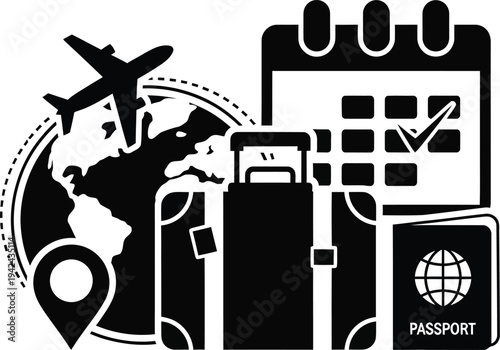 Travel planning and organization concept with airplane globe calendar phone luggage and passport