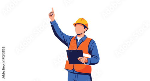Construction worker in safety gear holding a clipboard and pointing upwards while giving directions on a building site.