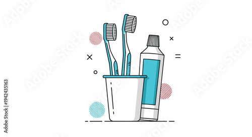 Blue toothbrushes in a cup with a tube of toothpaste representing daily dental hygiene and oral healthcare routine on a clean white background.