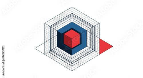 Technical isometric diagram showing a red cube nested inside multiple transparent wireframe and solid geometric structures.