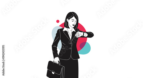 Businesswoman in a formal black suit checking her watch and holding a briefcase against an abstract background of colorful circles.