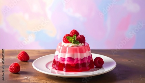 A molded raspberry and vanilla jelly dessert on a white plate. It features layers of clear and opaque red gelatin, topped with fresh raspberries and a mint sprig. Studio lighting on a table.