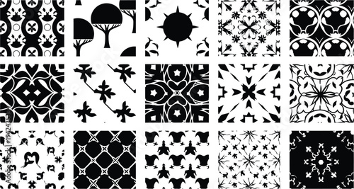 Collection of 12 unique black and white geometric patterns and designs