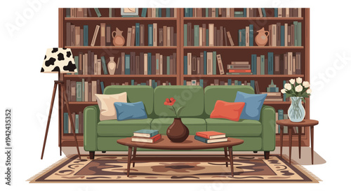 Cozy living room interior with a green sofa, coffee table, bookshelves, indoor plants, and a unique cow-print floor lamp.