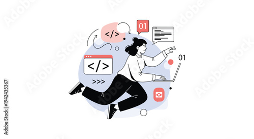 Female software developer floating in a digital space while coding on her laptop surrounded by programming symbols and icons.