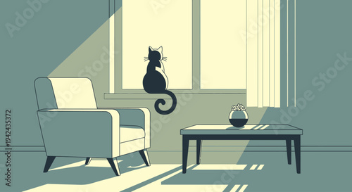 Black cat sitting on windowsill in sunlit cozy room