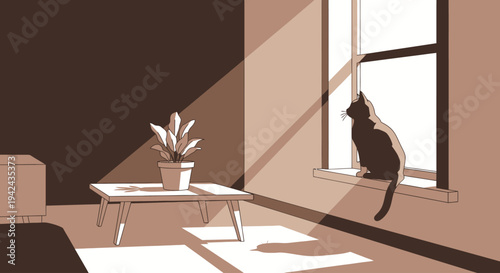 Black cat looking out window in sunlit modern room