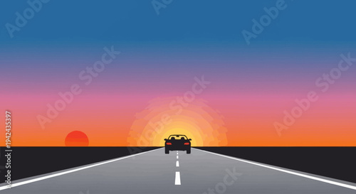 Black convertible car driving into colorful sunset on road
