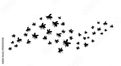Black insect swarm silhouettes flying on a white background