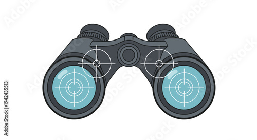 Pair of binoculars with crosshairs over the lenses symbolizing search, surveillance, targeting, or focused observation.