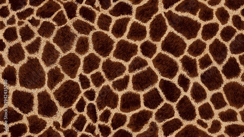 Close view of giraffe fur pattern with irregular brown patches bordered by light beige lines. Natural animal print texture creates a bold seamless safari background for fashion or design.