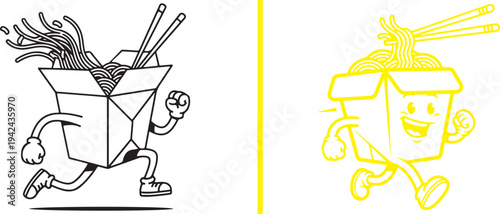 Two dynamic vector illustrations of running cartoon takeout boxes filled with noodles: one in a classic black-and-white style and the other as a vibrant yellow line-art mascot.