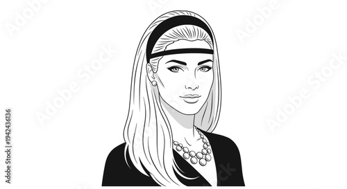 Black and white stylized portrait of a woman with long hair wearing a wide headband and a large beaded necklace.