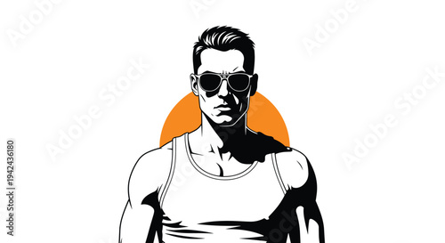 Bold black and white illustration of a muscular man wearing sunglasses and a white tank top against an orange circle.