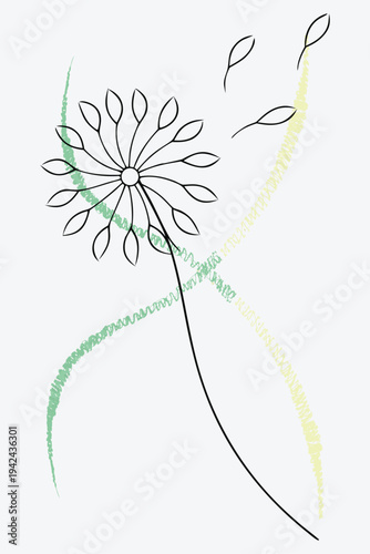 Delicate Dandelion Seed Head Blowing In Wind, Floral Sketch, Botanical Line Art, Nature Illustration
