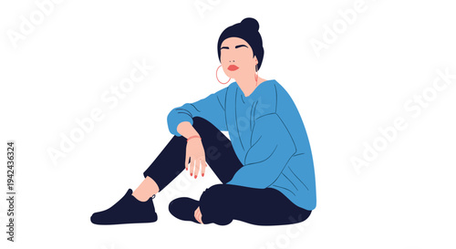 Stylish young woman sitting casually on ground wearing blue sweatshirt and black pants while looking off into distance in flat illustration.