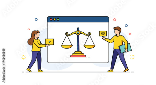 Man and woman interacting with digital law scales on website interface representing online justice, legal services, or balanced judgment.