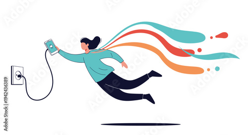 Imaginative illustration of woman flying while tethered to wall socket by charging phone representing digital energy or mobile addiction.