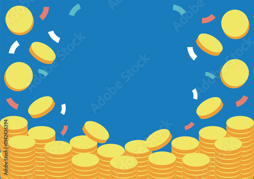 Golden coins falling with confetti background. Image of wealth, savings, and success.
