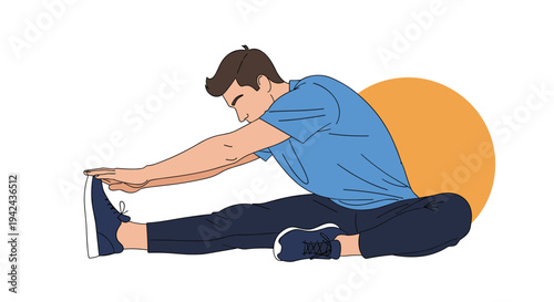 Active man in blue t-shirt performing seated hamstring stretch on ground with large yellow abstract circle in background.