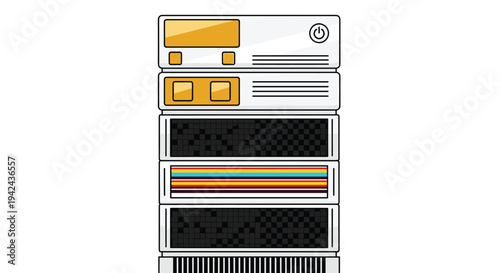 Modern server rack illustration with glowing lights and colorful data lines representing information storage and cloud technology.