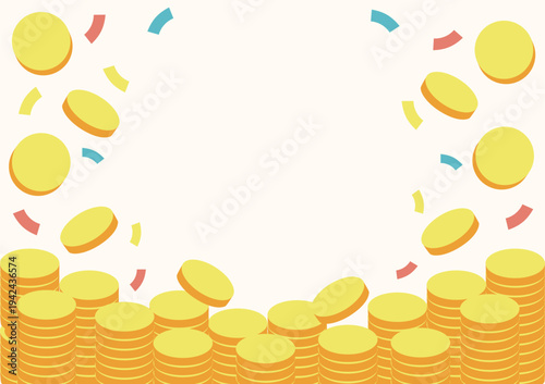 Golden coins falling with confetti background. Image of wealth, savings, and success.