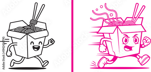 Two vector illustrations of cartoon takeout boxes with noodles running; one is a simple, cheerful character, and the other is an intense, speed-focused design in a vibrant pink color scheme.