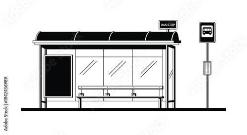 Clean black and white line art illustration of modern bus stop shelter with bench and signage for urban transportation concept.