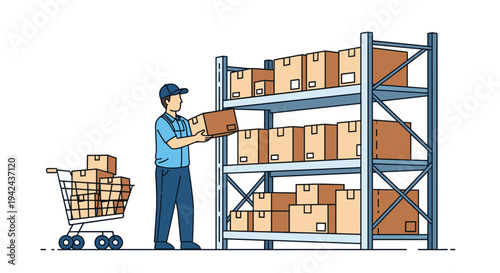 Warehouse worker in blue uniform carefully moving cardboard boxes from high storage shelves into shopping cart for order fulfillment.