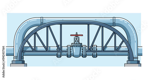 Industrial metal pipes with large central control valve supported by arched bridge structure against light blue sky background.