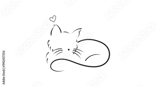 Cute black line drawing of a sleeping cat with a heart .