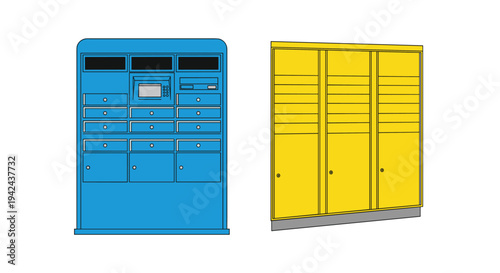 Modern blue and yellow self service post office lockers for automated package delivery and pickup in a convenient public location or station.