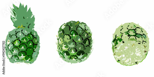 Three stylized pineapples in varying stages of decomposition shown isolated